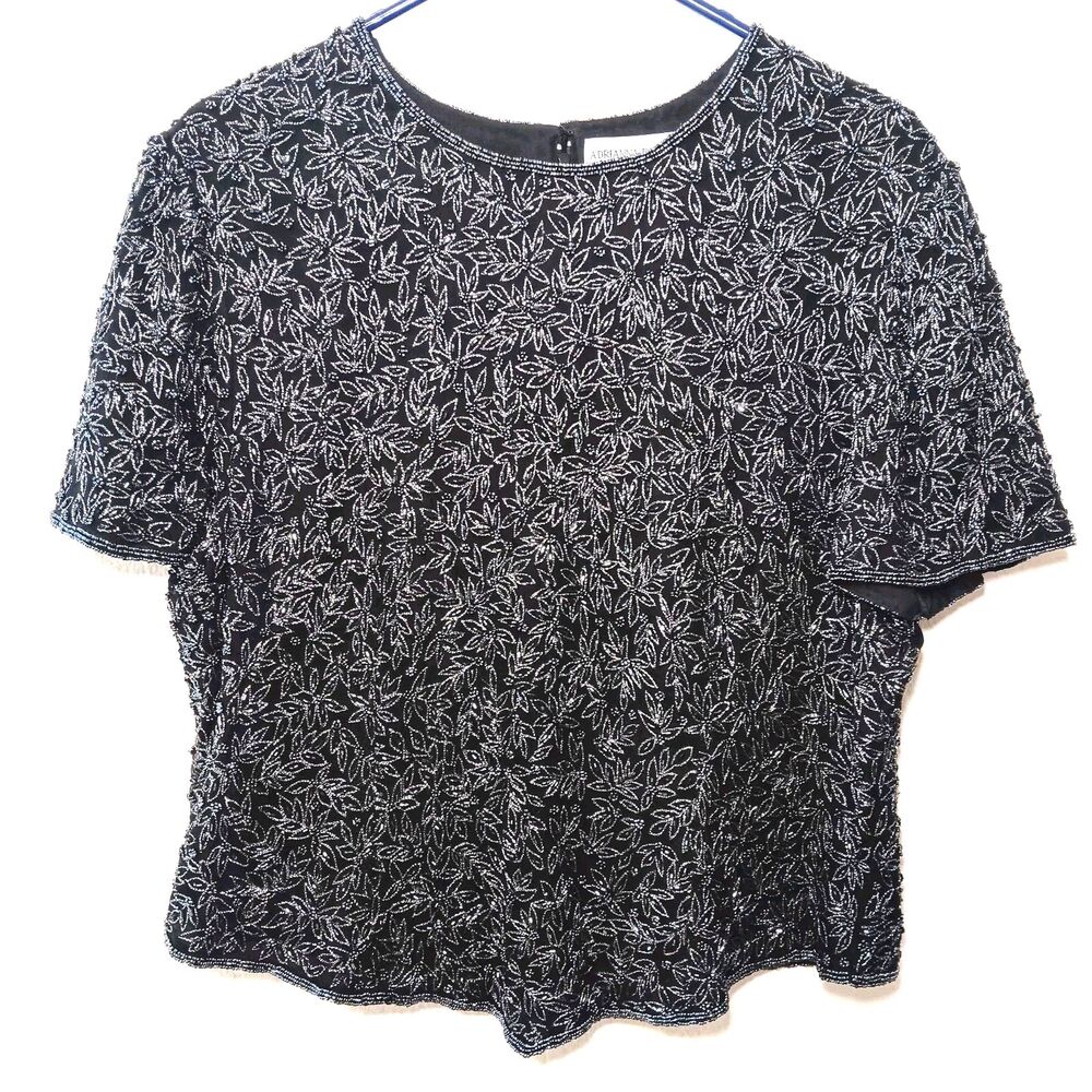 Vintage Adriana Papell Occasions Black Silk Beaded Floral Short Sleeve Sz 18